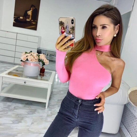 Pink Choker and Cold Shoulder Asymmetric Bodysuit - Picture 1 of 7